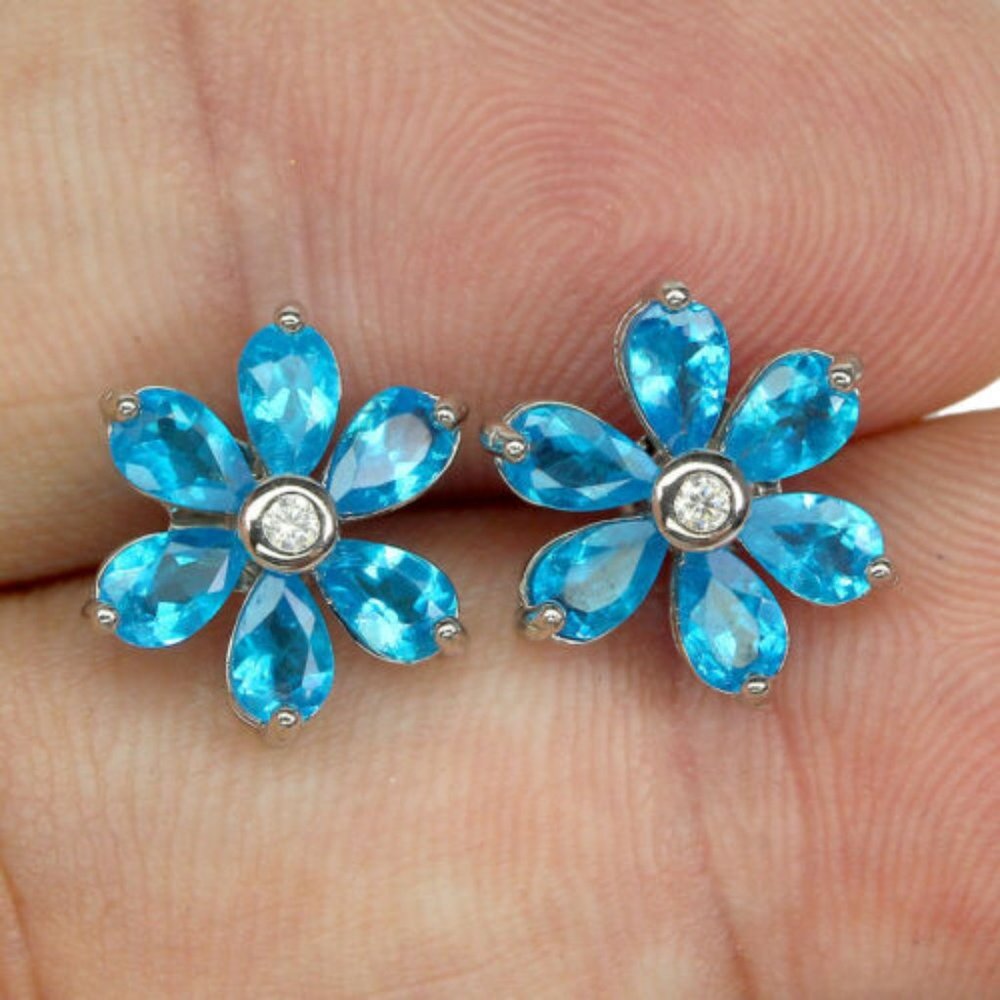 Natural Blue Apatite Gemstone .925 Sterling Silver Stud Floral Earrings